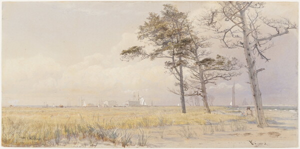 A soft-toned watercolor of a landscape of three trees in a yellow meadow with a city skyline in the deep distance.