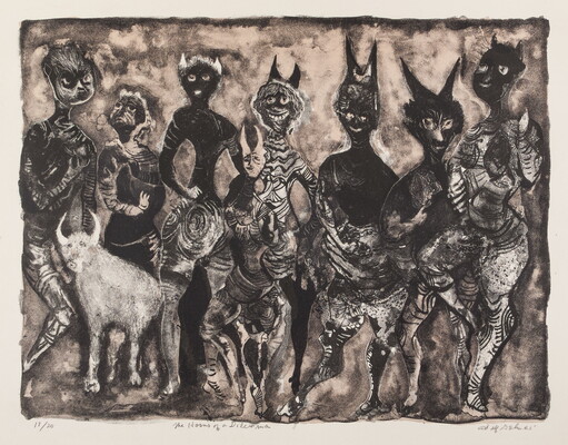 An abstract black-and-white print of a group of horned human-like creatures and animals.