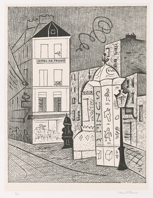 A black-and-white print of a Parisian cityscape, including buildings, a postbox, and a streetlamp. 
