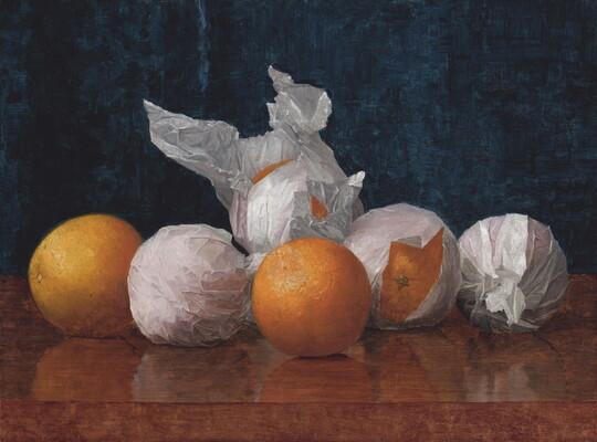 A still life oil painting of oranges, some wrapped in tissue paper, on a shiny mahogany table.