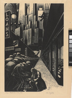 A black-and-white print of a people warming their hands over a fire at the end of a long line of people in a city with a stylized backdrop of skyscrapers.
