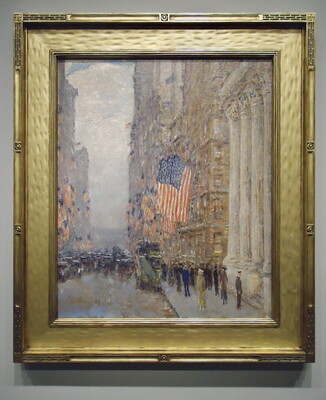An oil painting of a New York City street filled with people, cars, and American flags hanging from buildings on both sides of the street.