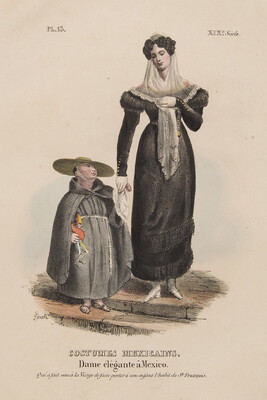 A color print of a  Mexican woman and child in elegant dress.