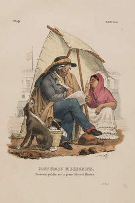 A color print of a older man with paper and quill in conversation with a young woman under a makeshift tent on a plaza.