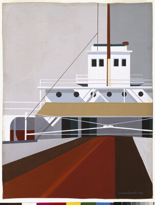 A watercolor of a freight ship deck made with precise lines and geometric shapes in whites, browns, grays, and blues.