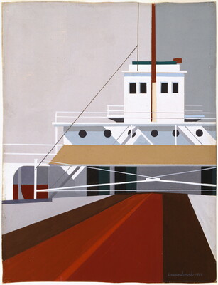 A watercolor of a freight ship deck made with precise lines and geometric shapes in whites, browns, grays, and blues.
