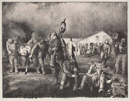 A black-and-white print of uniformed soldiers dragging a prisoner by the hair, and other soldiers, some with bodies speared on bayonets, eating and drinking.