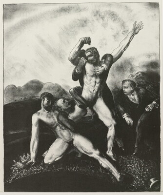 A black-and-white print of two muscular, nude White men, one on the ground, fighting with three White men in suits.