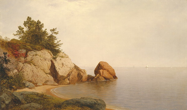 An oil painting of a quiet cove surrounded by large rocks with sailboats in the distance.