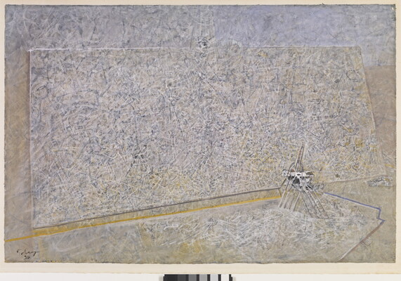 An abstract painting of a large-scale canvas leaning against a wall.
