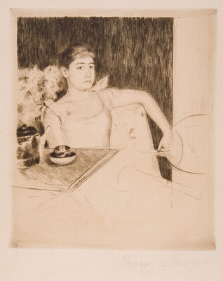 A black-and-white print of a young White woman wearing a sleeveless dress, seated at a tea table, holding a handheld fan.