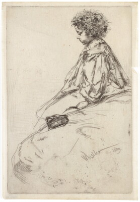 A black-and-white print of a curly-haired child in profile wearing a dress or robe; the drawing strokes are sketched and the hands and legs are unresolved.