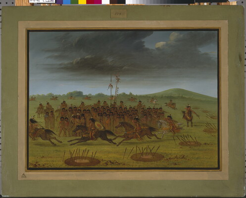 An oil painting of a group of Indigenous people watching men on horseback ride in a circle while shooting arrows at targets on the ground.