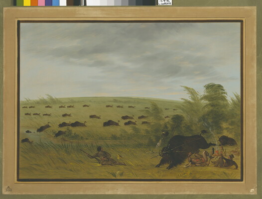 A landscape of a hunter watching a herd of bison in the distance as a lone bison tramples the nearby campfire and people cooking over it.