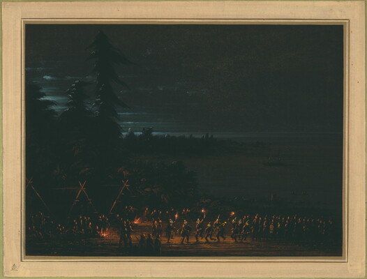 A night scene of Indigenous people gathered together for a torch-lit ceremony.