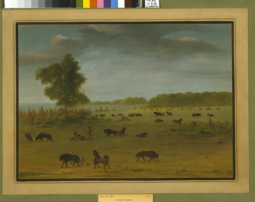 An oil painting of a Native American village with groups of people and horses in a grassy field in front of tipis along a shore.