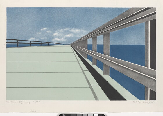 A color print of a bridge, shown from worm's eve view, over water that vanishes at the horizon.