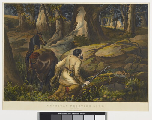 A color print of a man kneeling with his rifle next to his horse in a forest watching Native people around a fire in the distance.