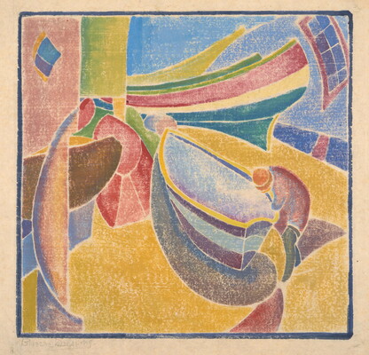An abstract print of four boats composed of brightly colored shapes outlined in white.