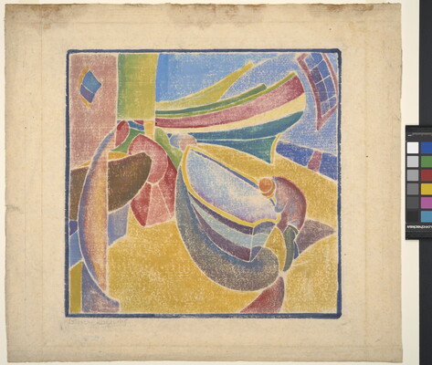 An abstract print of four boats composed of brightly colored shapes outlined in white.