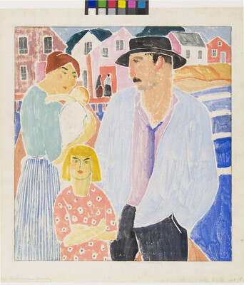 A colorful, stylized print of a family standing on a dock with houses in the background.