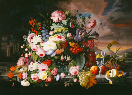 Still Life of Flowers and Fruit with a River Landscape in the