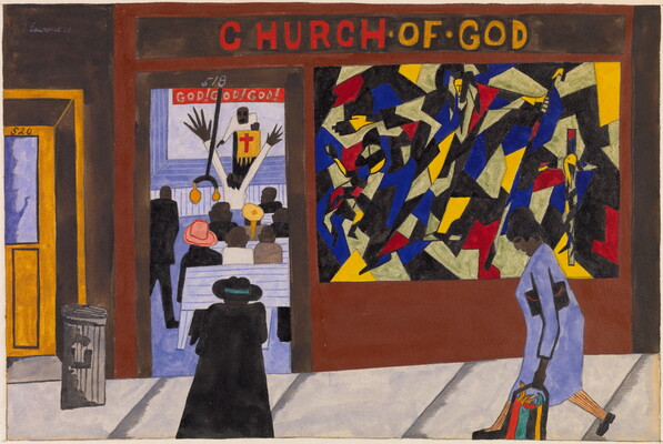 A watercolor of people walking toward a storefront church with a stained glass window and, through the open door, Black people sit in pews in front of a pastor at a pulpit.