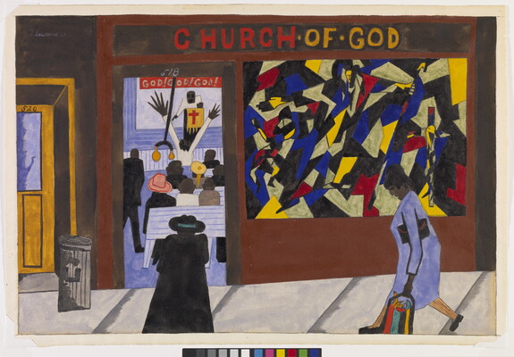 A watercolor of people walking toward a storefront church with a stained glass window and, through the open door, Black people sit in pews in front of a pastor at a pulpit.