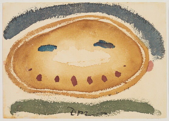 An abstract watercolor of a blue swath of color across the top, a green swatch across the bottom, and a yellow circle in between with red and blue dashes that resemble a smiley face.