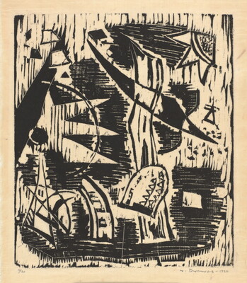 An abstract black-and-white print of overlapping organic shapes that resemble leaves, stems, and bark.