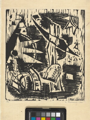 An abstract black-and-white print of overlapping organic shapes that resemble leaves, stems, and bark.