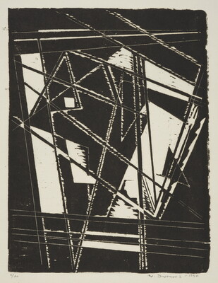 An abstract black-and-white print of prominent, angular black shapes and lines creating bold rectangles, triangles and negative spaces.