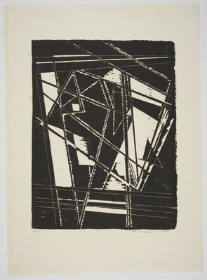 An abstract black-and-white print of prominent, angular black shapes and lines creating bold rectangles, triangles and negative spaces.