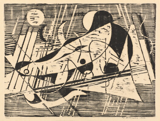 An abstract black-and-white print with various straight and curved lines, filled-in shapes, on a textured wood-like background.