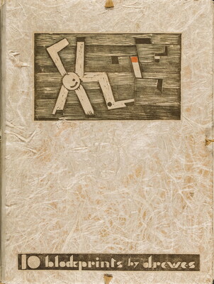 A sepia-colored print on handmade paper of a rectangle with wood-like shapes that resemble pinwheels; text at the bottom reads, "10 blockprints by Drewes."