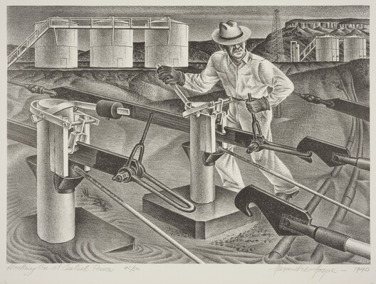 A black-and-white print of a man maneuvering machinery with large storage tanks in the background.