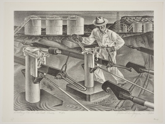 A black-and-white print of a man maneuvering machinery with large storage tanks in the background.