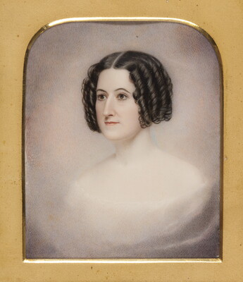A watercolor portrait of a young White woman from the shoulders up, her dark hair styled in banana curls, looking off into the distance.