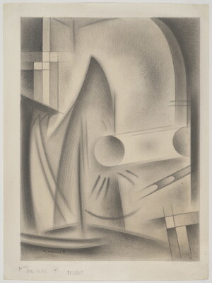 An abstract black-and-white drawing of various geometric and organic shapes, including two circles that are lined up horizontally.