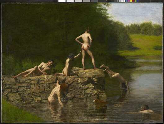 An oil painting of a group of nude young men diving off of rocks into a calm body of water.