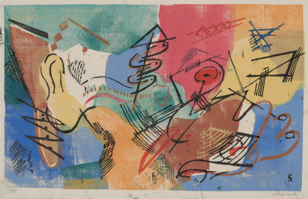 An abstract color print of freeform shapes in green, red, yellow, blue, and orange and black curved and straight lines.