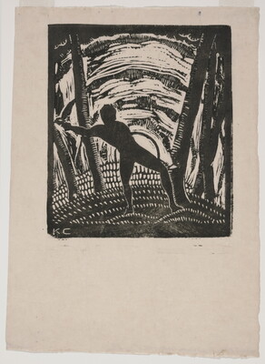 A black-and-white print of a stylized male figure in silhouette cutting down a tree in front of a sun that is either setting or rising.