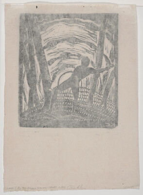 A black-and-white print of a stylized male figure in silhouette cutting down a tree in front of a sun that is either setting or rising.