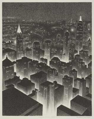 A black-and-white geometric print of a bird's eye view of a New York City at night.