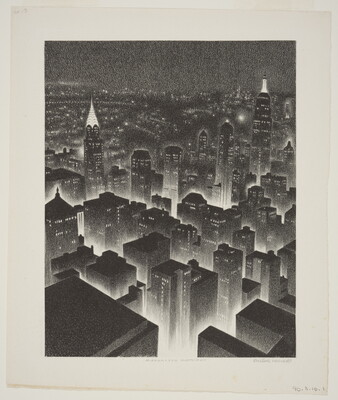 A black-and-white geometric print of a bird's eye view of a New York City at night.