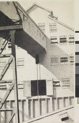 A detail of a black-and-white drawing of a multi-story, industrial building with chutes and ramps.