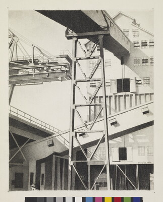 A black-and-white drawing of a multi-story, industrial building with chutes and ramps.