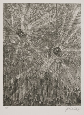 A black-and-white print of two human figures, heads only, with radiating gray-scale lines and shapes over a city skyline.