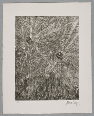 A black-and-white print of two human figures, heads only, with radiating gray-scale lines and shapes over a city skyline.
