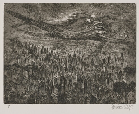 A black-and-white print of a city skyline from above with large mythical, half-bird, half-fish creatures flying in the clouds above the city.